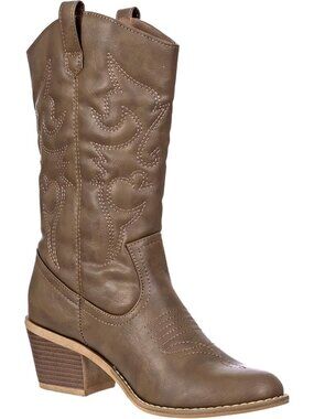 👢Women's Mocha Cowgirl Boots Mid-Calf Embroidered Stitching Low Stacked Heel
